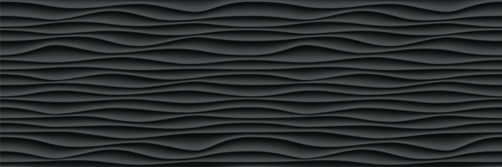 Black wave pattern background, seamless wave wall tile or panel, vector wavy line texture. Vector black ripple wave pattern wallpaper interior decoration or seamless 3d geometric tile