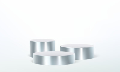 Silver podium, 3d platform or metal pedestal stand for product display, vector steel pillar. Three silver podium platforms or pillar pedestal stand background for premium luxury product