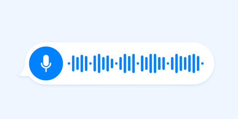 Voice message, audio chat interface and record play bubble, vector messenger playback. Voice message icon of microphone button and sound wave of recording listen