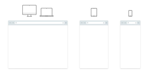 Internet browser window of computer laptop, mobile phone smartphone and tablet vector frames. Blank templates of website browser window interface with web address bar - 582395844