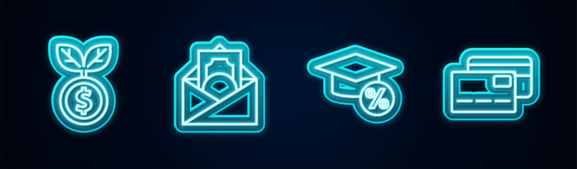 Set line Dollar plant, Envelope with dollar symbol, Graduation cap and coin and Credit card. Glowing neon icon. Vector