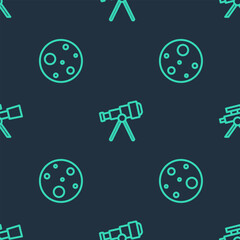 Set line Telescope, Planet Mars and on seamless pattern. Vector