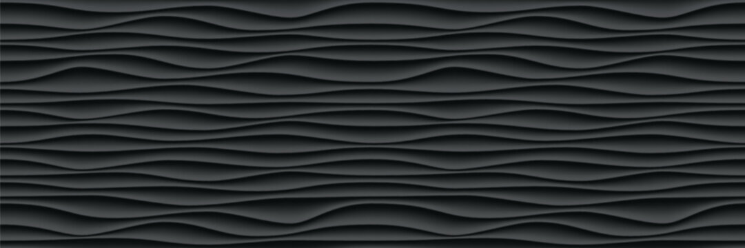 Black wave pattern background, seamless wave wall tile or panel, vector wavy line texture. Vector black ripple wave pattern wallpaper interior decoration or seamless 3d geometric tile © Avector