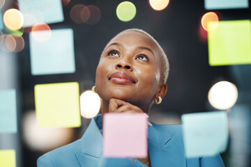 Thinking, vision and black woman with schedule, planning and agenda, sticky notes and bokeh...