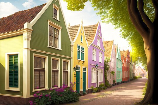 Street With Multi-colored Dutch Wooden Tiny House, Created With Generative Ai