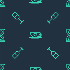 Set line Coffee cup and heart, Wine glass and Heart the center hourglass on seamless pattern. Vector