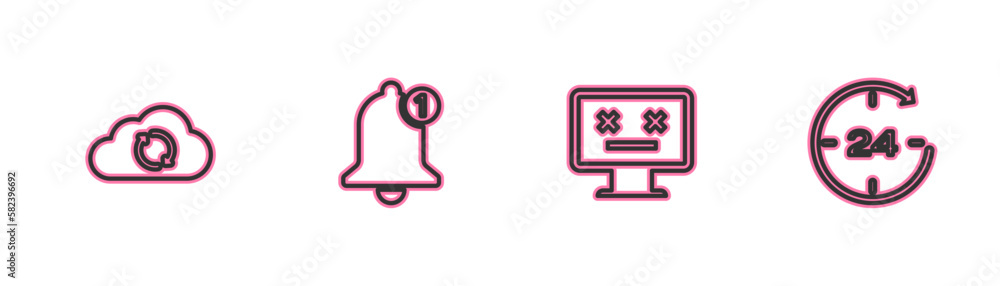 Poster set line cloud sync refresh, dead monitor, bell and clock 24 hours icon. vector