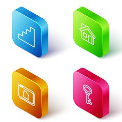 Set Isometric line Staircase, House, Online real estate house and key icon. Vector