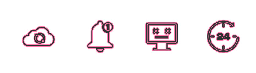 Set line Cloud sync refresh, Dead monitor, Bell and Clock 24 hours icon. Vector