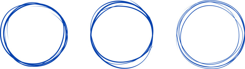 Blue circle line hand drawn set. Highlight hand drawing circle isolated on background. Round handwritten circle. For marking text, note, mark icon, number, marker pen, pencil and text check, vector