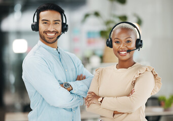 Business people, call center and portrait smile with arms crossed for teamwork collaboration in...