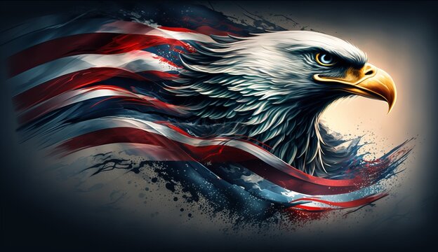 ﻿Stars and stripes of the American flag with a bald eagle, symbolizing strength and freedom, as a 4th of July Memorial or Independence day background. AI generation.