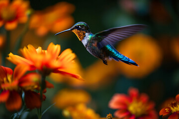 a humming bird hovering over a colorful, pollen filled flower. Generative AI	