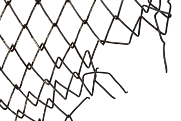 The texture of the metal mesh. Torn, destroyed, broken metal mesh on a white background