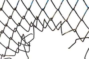 The texture of the metal mesh. Torn, destroyed, broken metal mesh on a white background