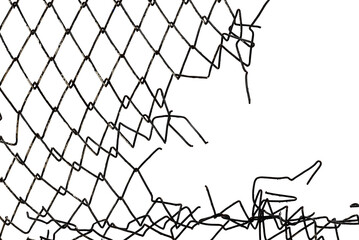 The texture of the metal mesh. Torn, destroyed, broken metal mesh on a white background