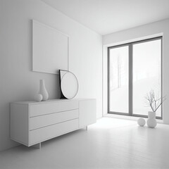 White empty minimalist room interior with dresser on a wooden floor, decor on a large wall, white landscape in window. Background interior. Home noridc interior. 3D illustration