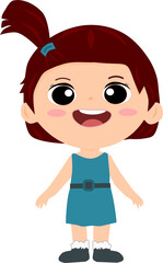 Cute Little Kid girl wear blue dress. Laugh smile face kid. Vector illustration.