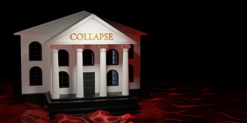 Bank collapse crisis. Building drowning under red water. Conceptual 3d rendering bankruptcy illustration.