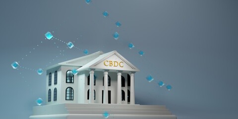 CBDC blockchain over bank building conceptual 3d rendering illustration. 