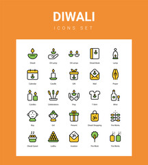 diwali icons set with 3 styles, vector stock illustration


