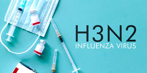 H3N2 influenza virus text with medical kits, top view. H3N2 awareness concept.