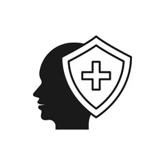 Human head with medical shield. Healthcare icon concept isolated on white background. Vector illustration