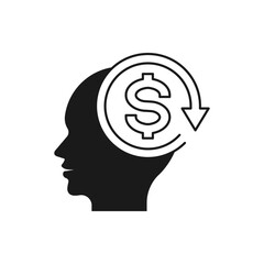 Human head with money sign in circular arrow. Financial planning icon concept isolated on white background. Vector illustration