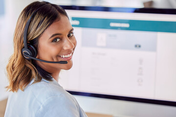 Contact us, call center or portrait of happy woman by computer screen in communications company. Friendly smile, crm or face of insurance sales agent working online in technical or customer support