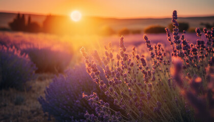 Sunset over lavender field. AI generated