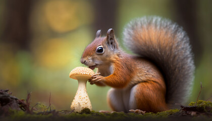 Naklejka na ściany i meble Squirrel with a mushroom in the forest, close-up. AI generated