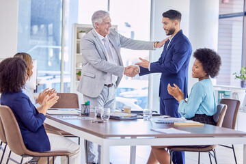 Handshake, applause or happy business people with success, investment deal or b2b agreement in meeting. HR hiring welcome, thank you or job interview negotiation with senior human resources manager