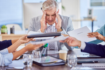 Businessman in meeting with headache pain, burnout or stress with mental health emergency in work...