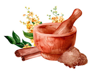 Cinnamon, cassia and mortar. Hand drawn watercolor painting isolated on white background - obrazy, fototapety, plakaty