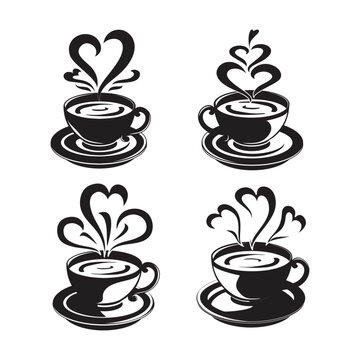 set of tea of coffee cups with heart love vector