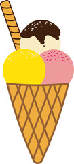 There are three ice cream cones with different flavors and a shortbread cookie inside