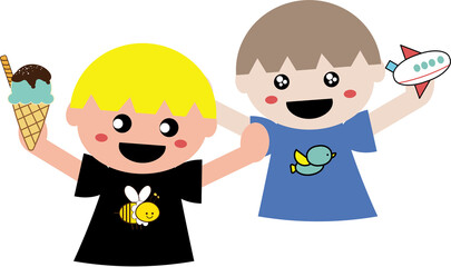 Two little boys with different hair colors and clothes holding ice cream and airplane toy, child