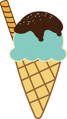 A scoop of peppermint chocolate-flavored ice cream in a cone with a shortbread cookie on the side