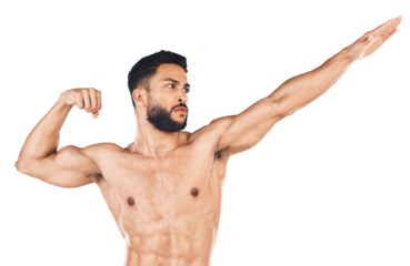 Fitness, flexing and strong man ready to fight for muscular strength isolated on a png background. Body care, arms and stretch of a bodybuilder Mexican man with serious power, health and wellness