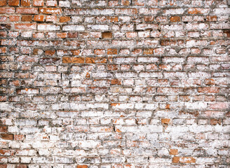 Texture of an old brick painted in white, torn wall, background