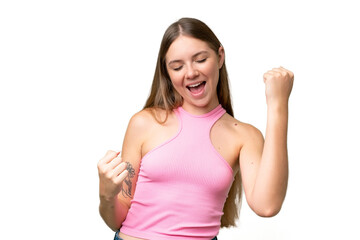 Fototapeta premium Young beautiful blonde woman over isolated background celebrating a victory