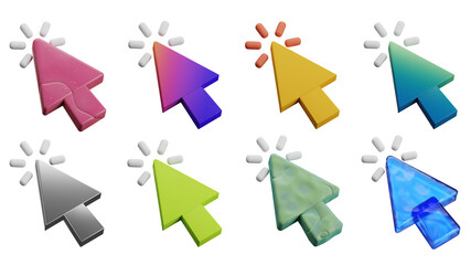 Cursor Clicking 3d Icon Set Isolated. Collection of Colorful 3d Pointer Arrow Element Design Illustration.