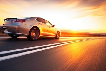 Plakat car is captured in motion on a highway during a beautiful sunset, with its surroundings blurred to convey a sense of speed and movement. Generative AI