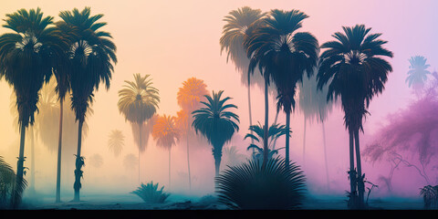 Fototapeta na wymiar Palm trees in the mist, Generative AI