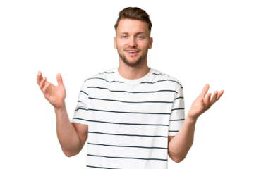 Young blonde caucasian man over isolated background smiling a lot