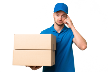 Delivery caucasian man over isolated background thinking an idea