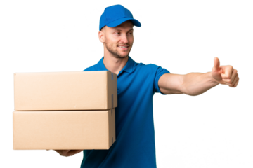 Delivery caucasian man over isolated background giving a thumbs up gesture