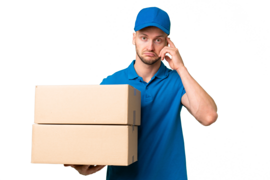 Delivery caucasian man over isolated background thinking an idea