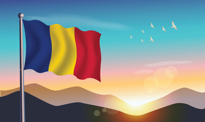 Chad flag with mountains and morning sun in background