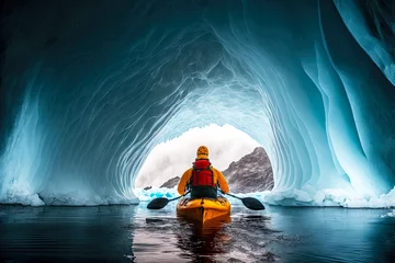 Foto op Canvas extreme journey to ice cave by boat winter kayaking in antarctica, created with generative ai © primopiano